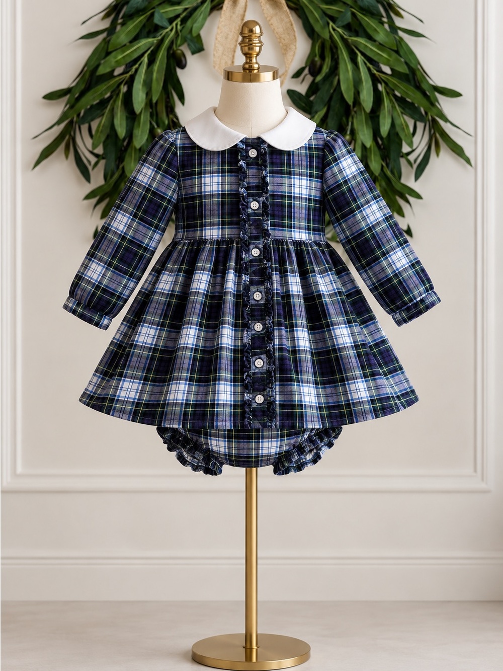 Ralph Lauren Navy White Green Plaid Long Sleeve Dress & Bloomers 12 Months Prep